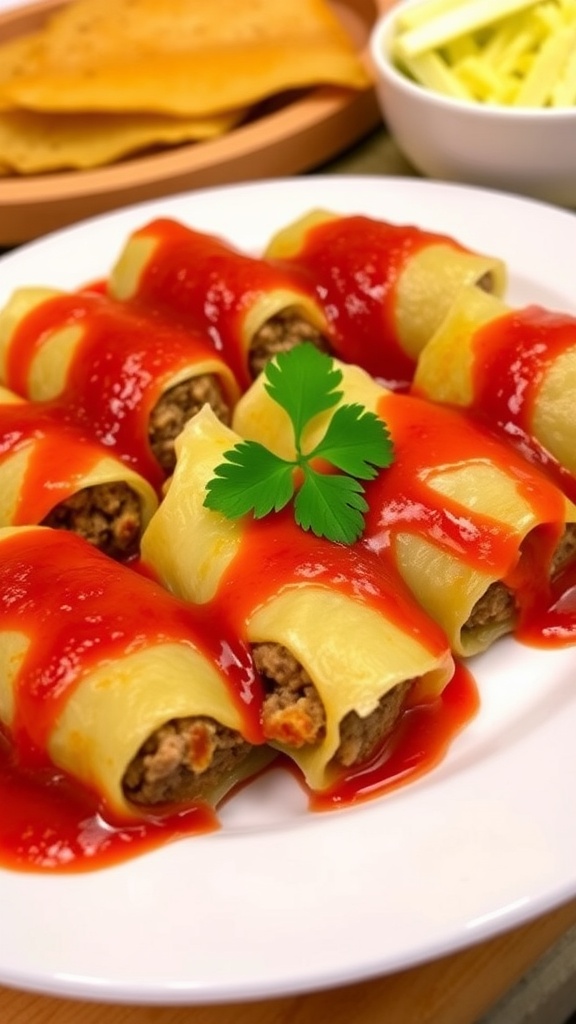 Savory cabbage rolls in tomato sauce garnished with parsley on a plate.